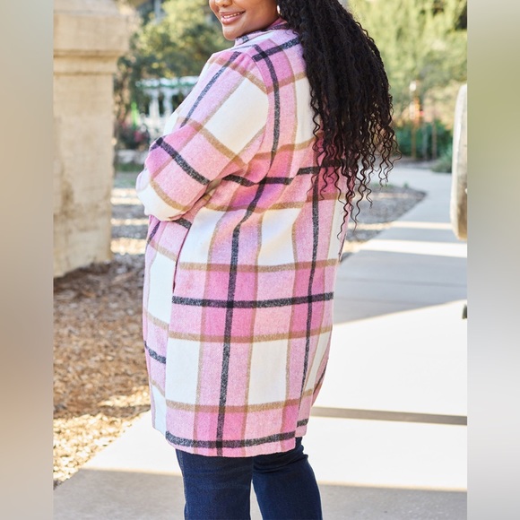 NEW Double Take PLUS + REG Size Pink Plaid Button Up Notched Lapel Collar Coat - Picture 3 of 7